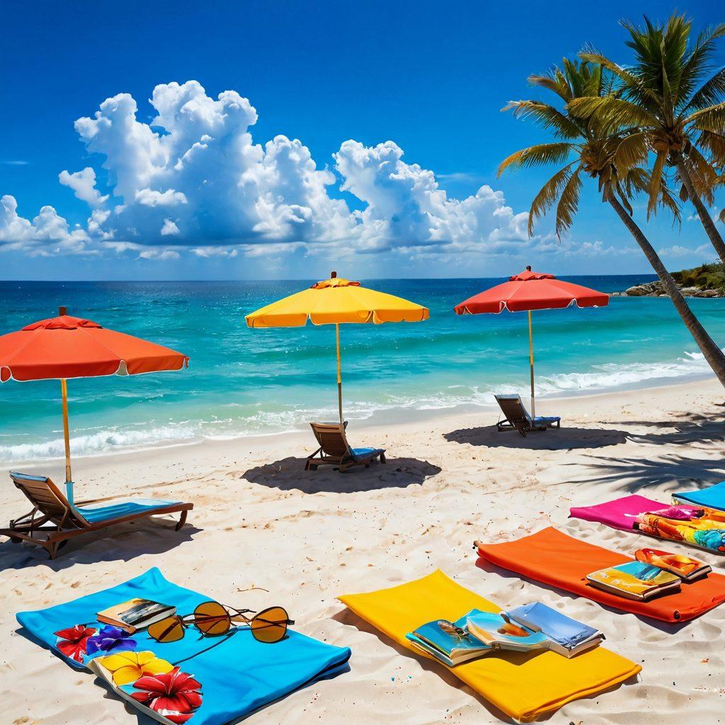 A vibrant beach scene featuring diverse models showcasing the latest thong swimwear trends under the bright sun. Include colorful beach umbrellas, a sparkling ocean in the background, and books scattered on the sand, adding a touch of relaxation and summer vibe. The sky should be a clear blue with fluffy clouds, capturing the essence of a perfect beach day. super-realistic. vibrant colors. sunny atmosphere.